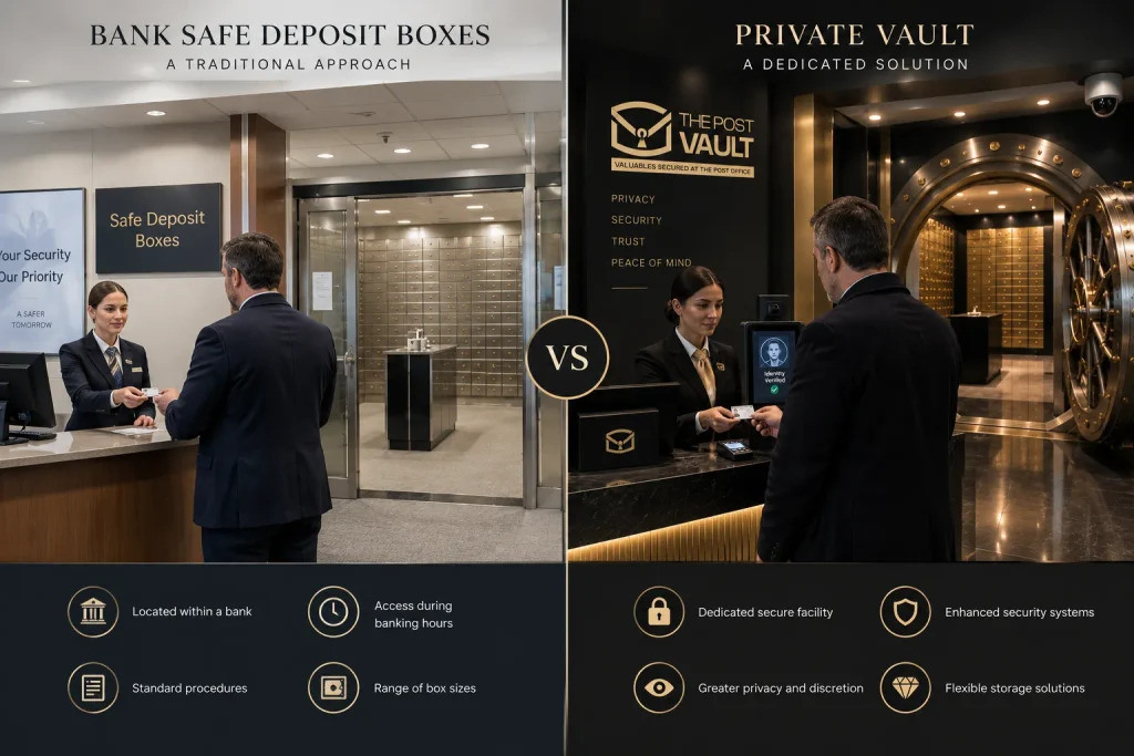 Comparison of bank safe deposit boxes and The Post Vault private vault security