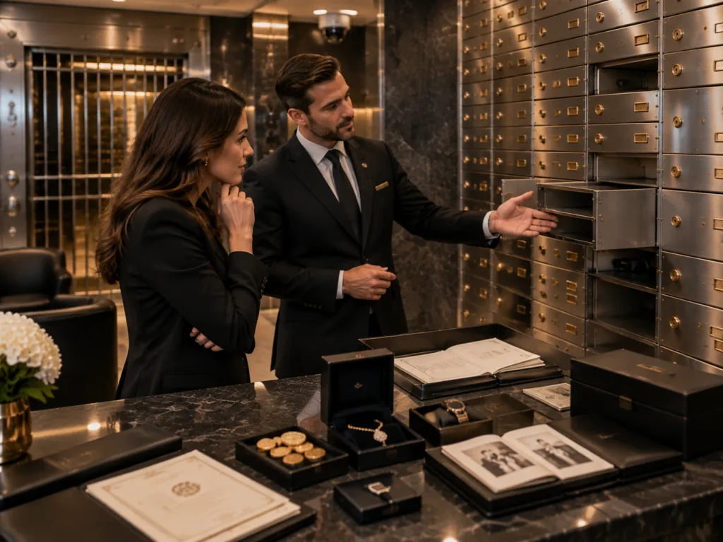 Customer selecting a suitable safe deposit box size with a vault advisor in a secure private storage facility
