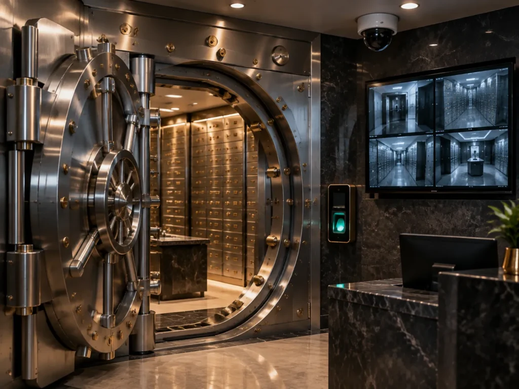 High security safe deposit vault with reinforced door, CCTV monitoring, biometric access system, and secure locker compartments