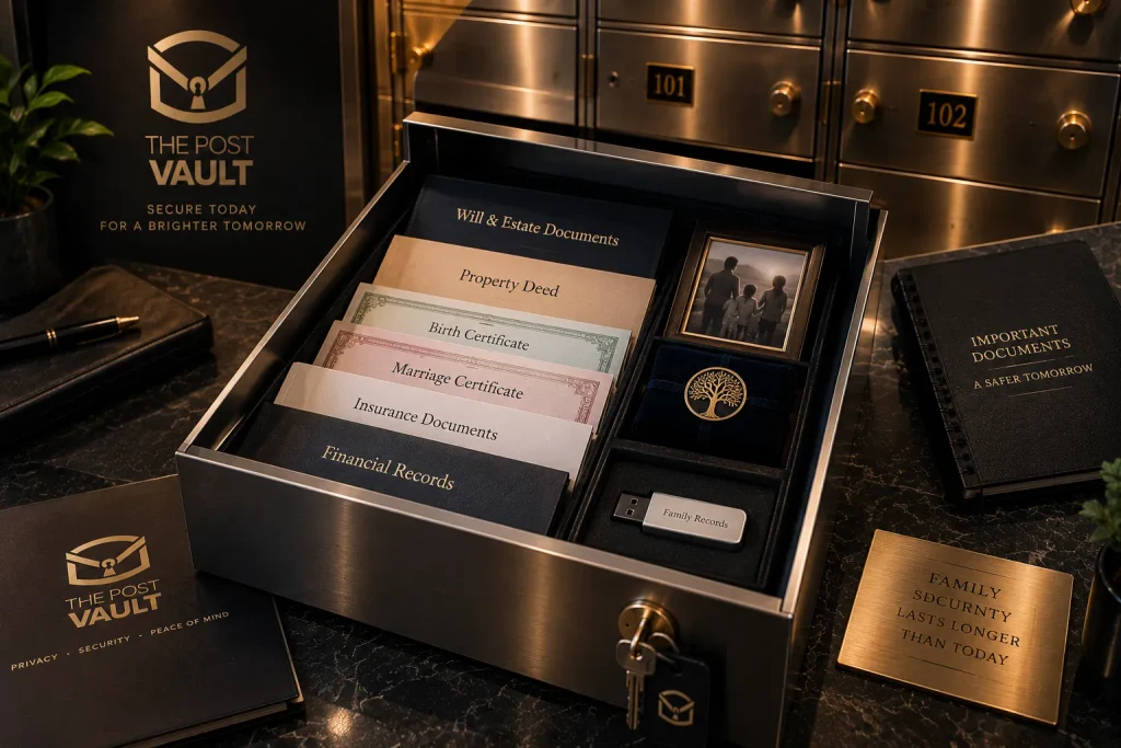 Important family and legal documents organised inside a secure safe deposit box at The Post Vault.