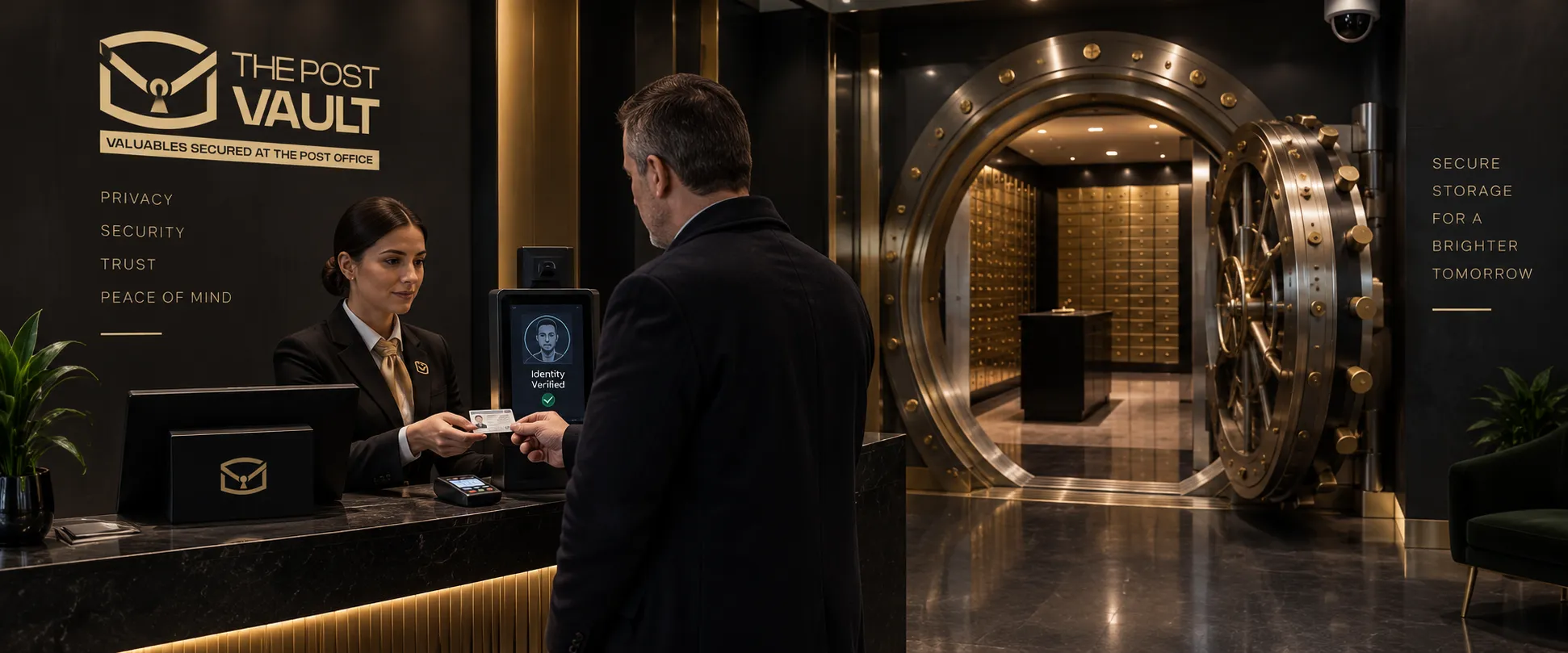 Customer completing ID verification before accessing The Post Vault safe deposit boxes