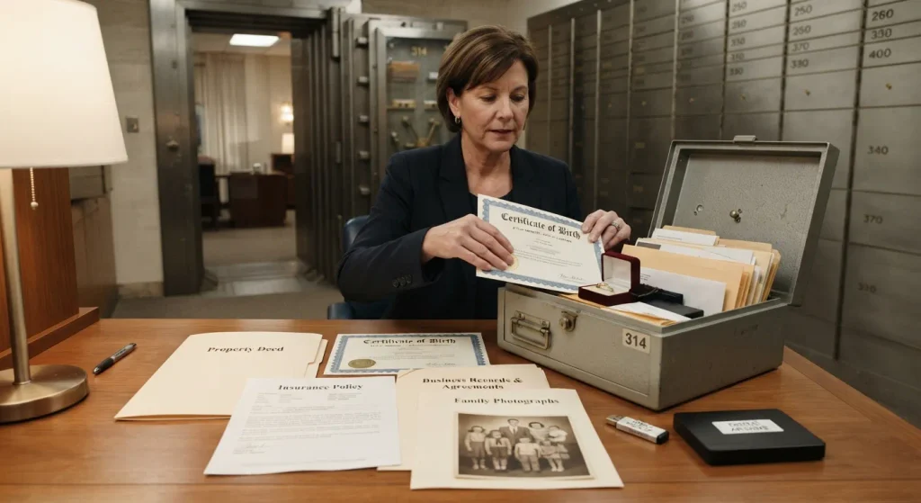 Important documents photographs and digital storage devices kept in a secure safe deposit box