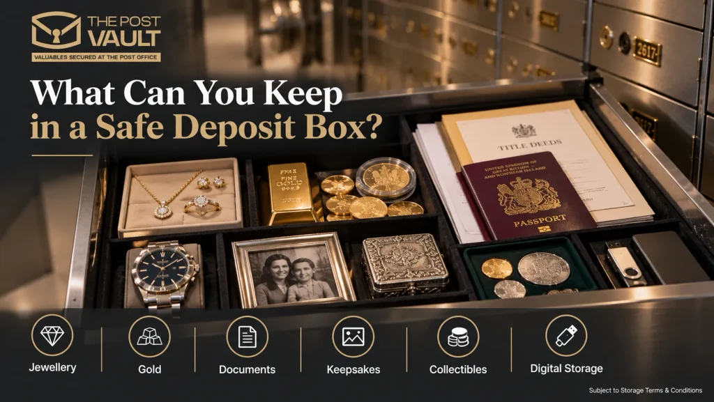 Open safe deposit box containing jewellery, gold, documents, family keepsakes, collectibles and digital storage devices at The Post Vault.