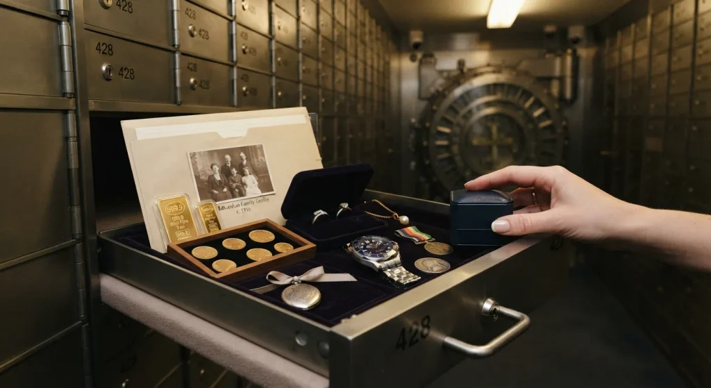 Gold jewellery watches and family heirlooms protected inside a safe deposit box