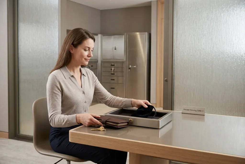 Customer arranging a jewellery pouch and document wallet in a safe deposit box tray at a private viewing area.