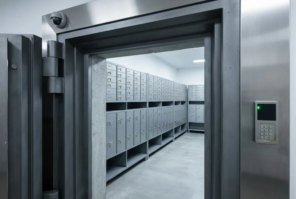 Reinforced private vault entrance with a CCTV camera, access control terminal and key operated safe deposit boxes.