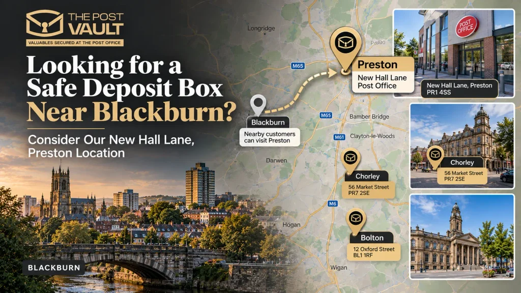 The Post Vault location map showing the nearby Preston safe deposit box branch for Blackburn customers, plus Chorley and Bolton locations.