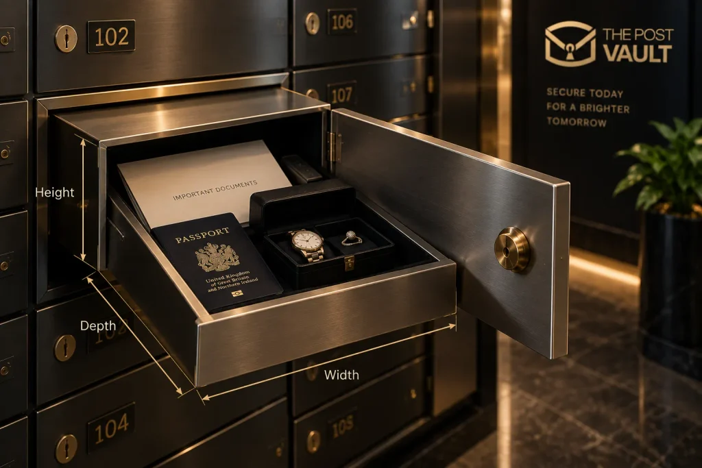 Open safe deposit box showing height, width and depth measurements at The Post Vault