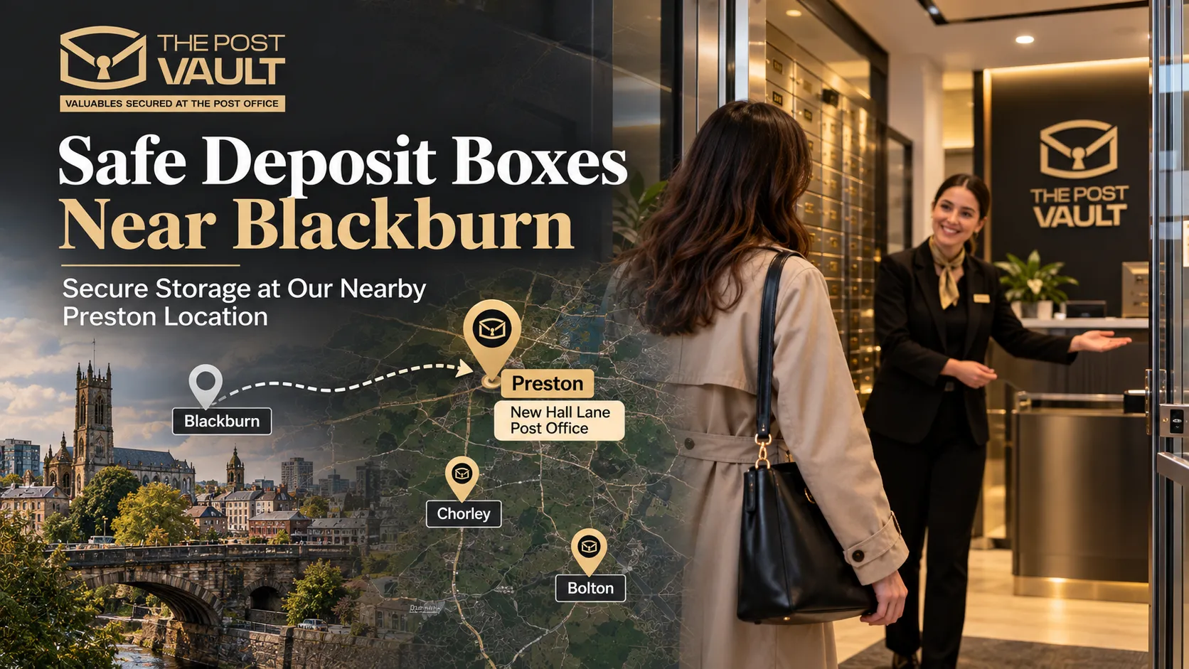 The Post Vault safe deposit boxes near Blackburn with the nearby Preston branch at New Hall Lane highlighted.