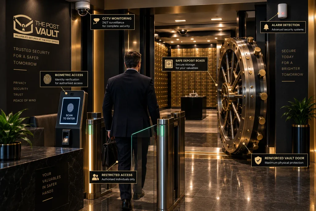 The Post Vault security layers with biometric access, CCTV and reinforced vault protection