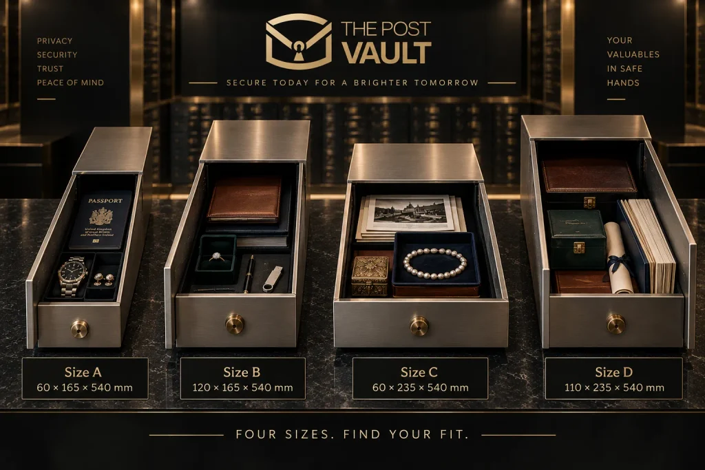 The Post Vault safe deposit box sizes A to D with dimensions and example valuables