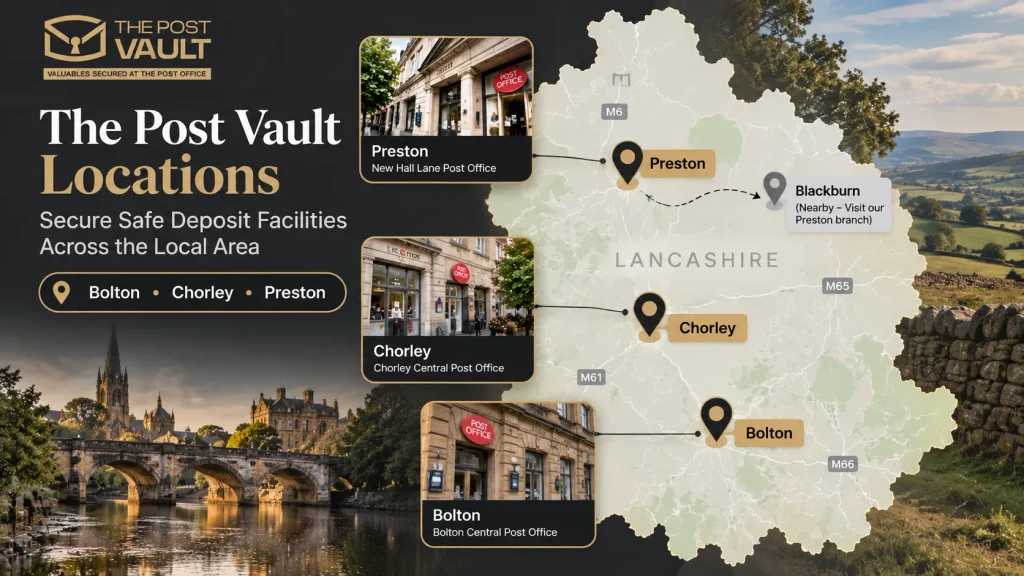 The Post Vault locations map showing safe deposit box facilities in Bolton, Chorley and Preston, with Preston serving customers near Blackburn.