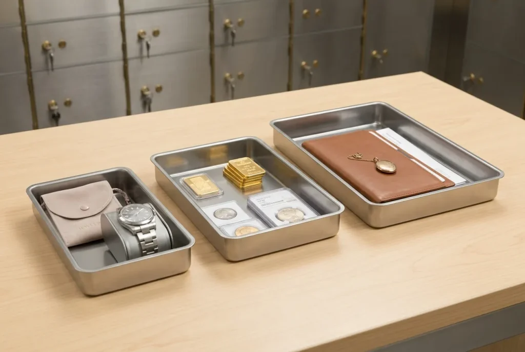 Three different sized safe deposit box trays holding jewellery, precious metals, documents and a family keepsake.