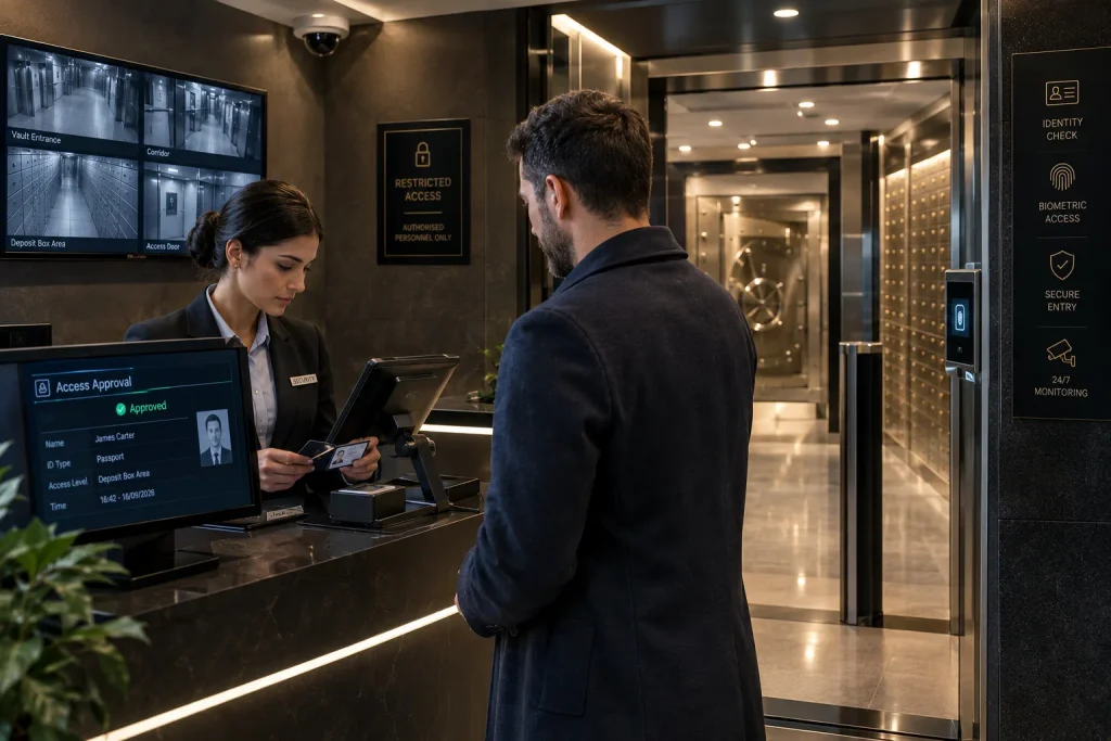 Staff verifying customer ID for secure private vault access