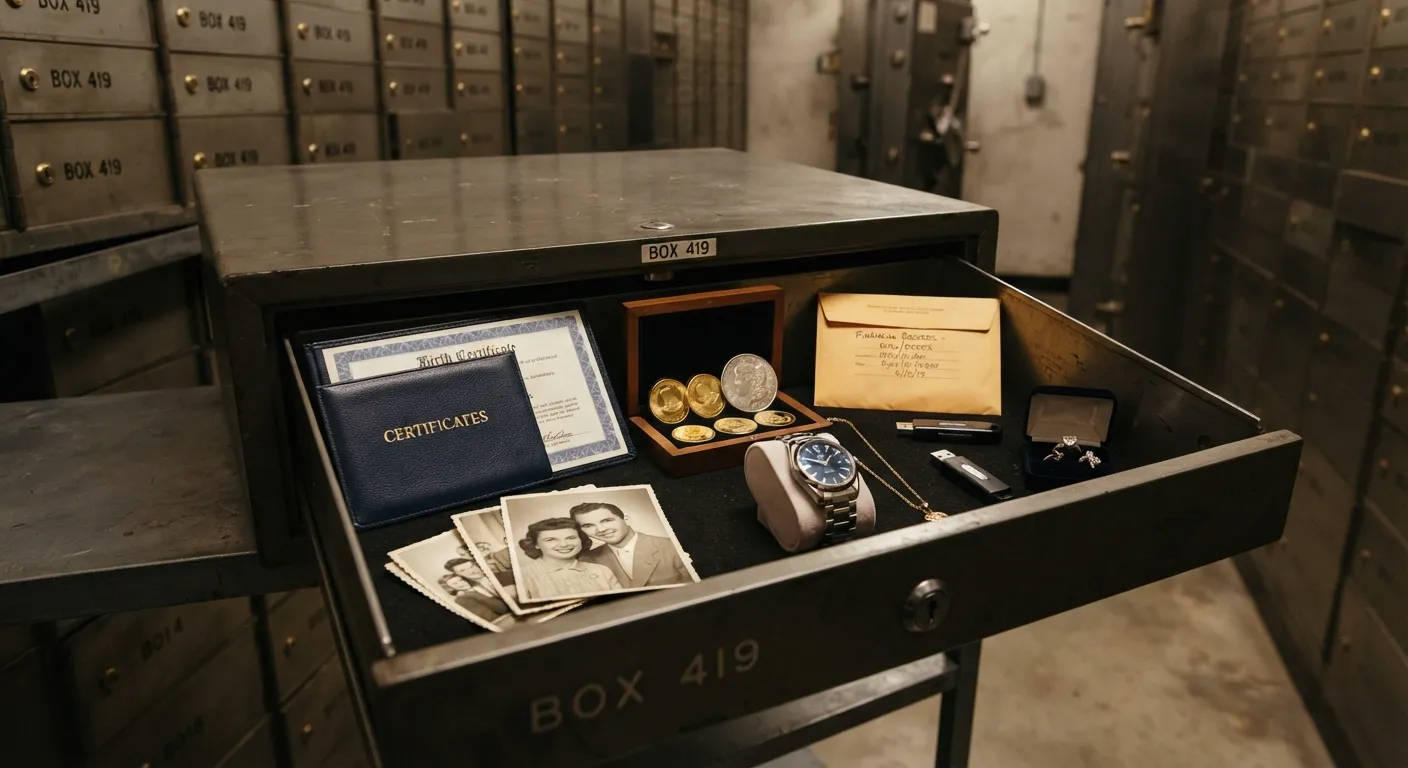 Gold, jewellery, documents and personal valuables stored securely in a safe deposit box
