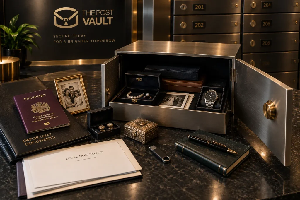 Safe deposit box with jewellery, documents, photographs and valuables at The Post Vault