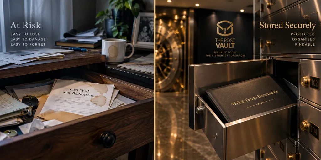 Comparison of a poorly stored will and a will securely protected in a safe deposit box at The Post Vault.