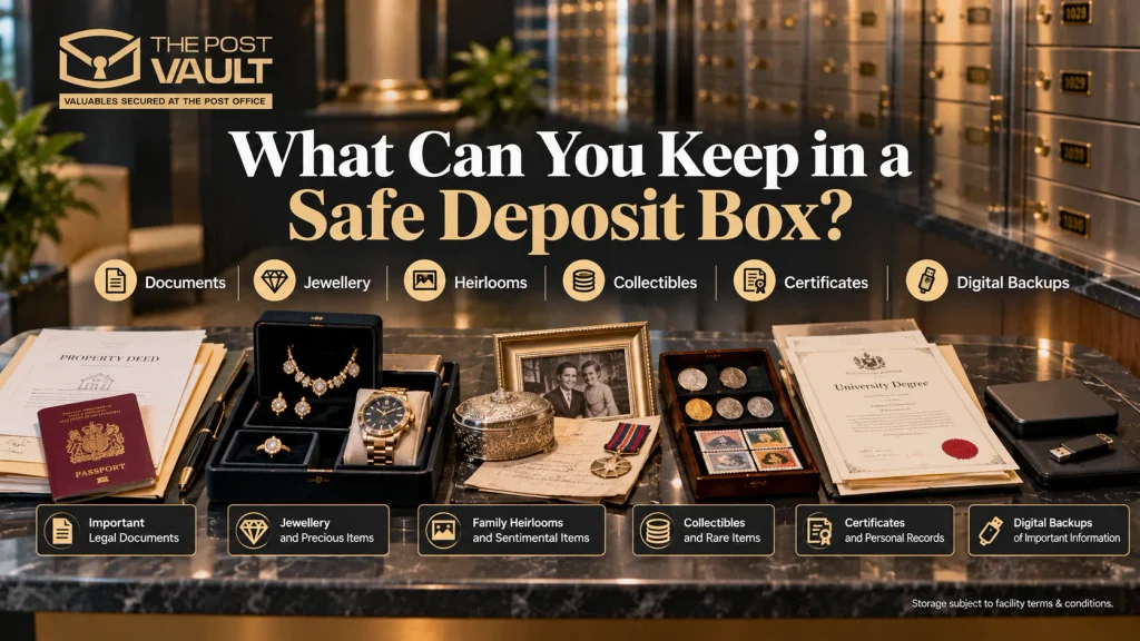 Safe deposit box storage items including documents, jewellery, family heirlooms, collectibles, certificates and digital backups at The Post Vault.