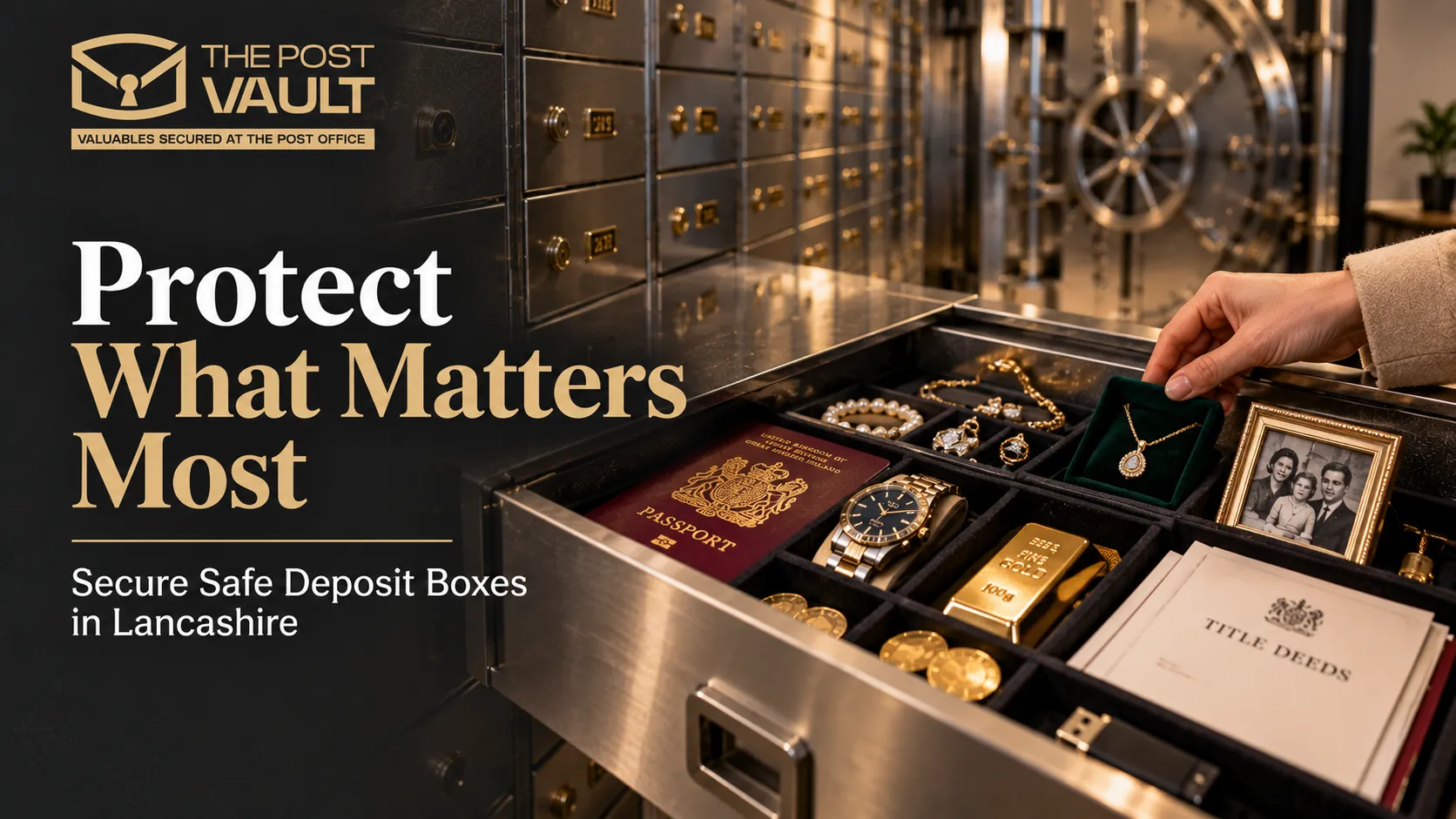 The Post Vault secure safe deposit box in Lancashire protecting jewellery, gold, important documents, a watch and family keepsakes.