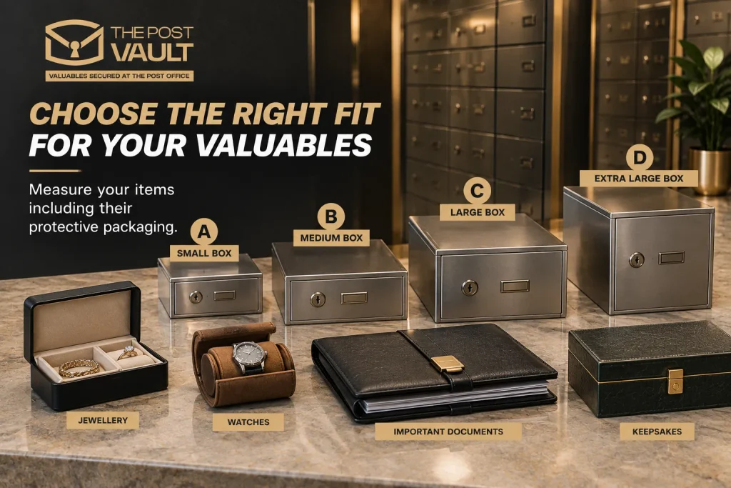 The Post Vault safe deposit box sizes A, B, C and D displayed alongside jewellery, watches, important documents and keepsakes.