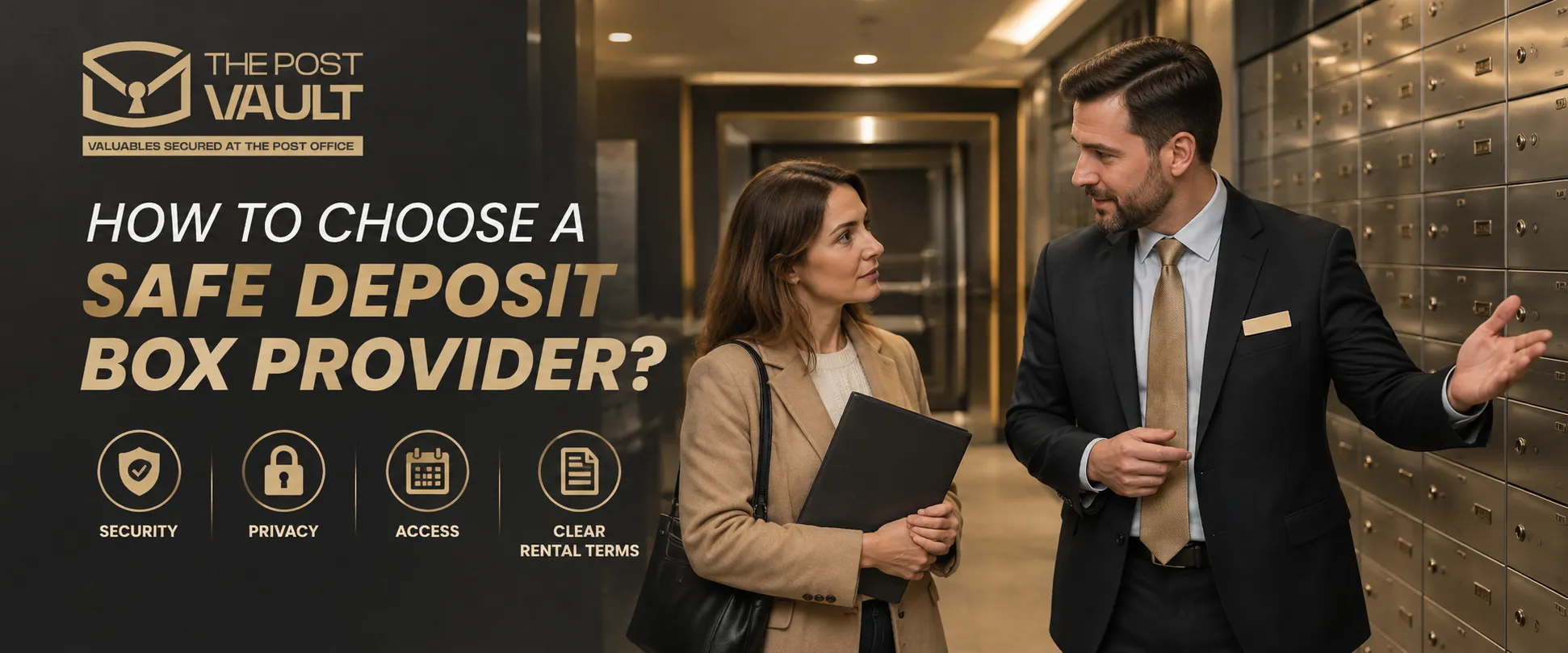 The Post Vault staff member guiding a customer on how to choose a safe deposit box provider, highlighting security, privacy, access and rental terms.