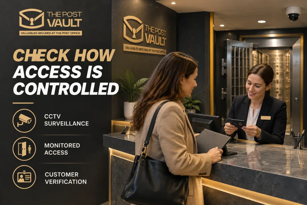 The Post Vault staff member verifying a customer's identity at a secure facility with CCTV surveillance and controlled access.
