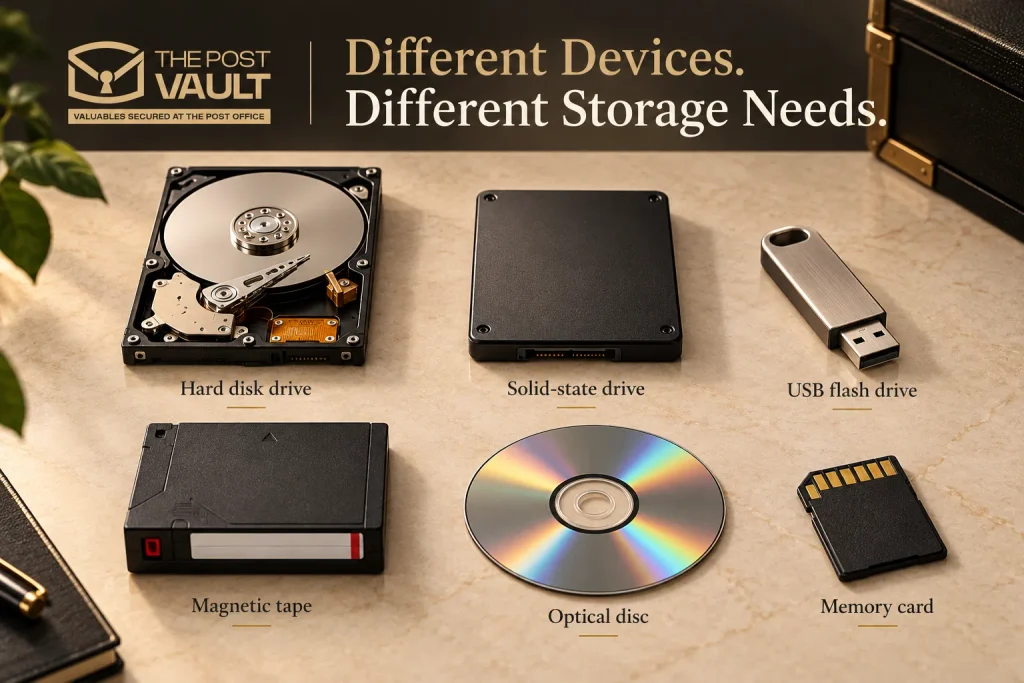 Different digital storage devices, including hard disk drive, SSD, USB flash drive, magnetic tape, optical disc and memory card.