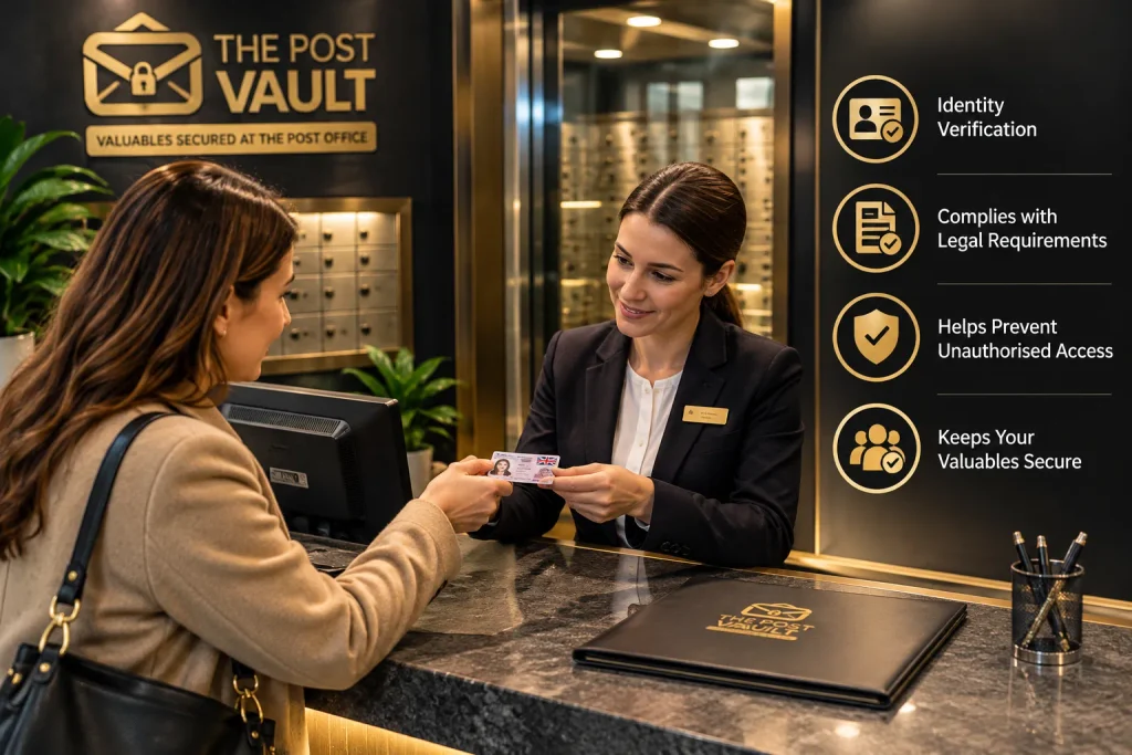 The Post Vault staff member verifying a customer's identity during safe deposit box registration to help prevent unauthorised access and protect valuables.