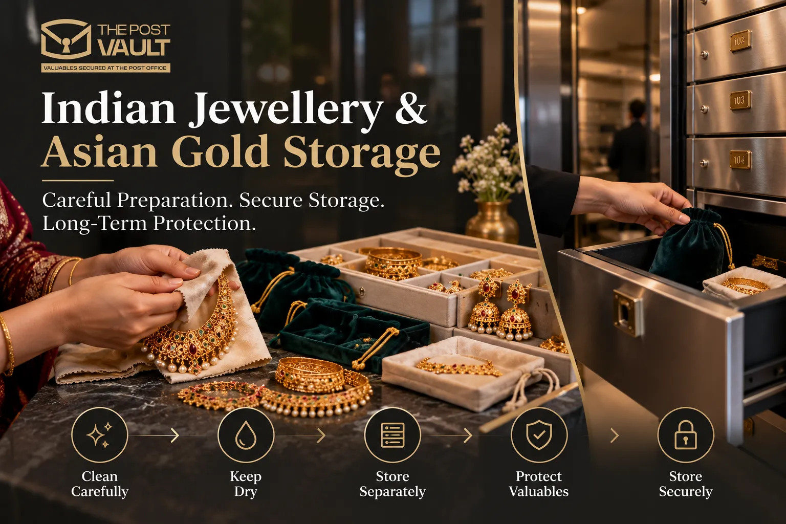 Indian jewellery and Asian gold being carefully cleaned, organised in soft pouches and placed inside a secure safe deposit box at The Post Vault for long-term protection.