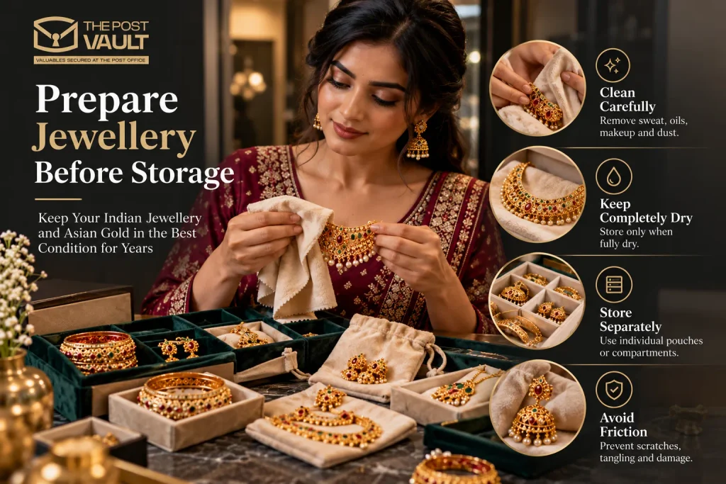South Asian woman preparing Indian jewellery and Asian gold for safe storage by gently cleaning a gold necklace, separating bangles and jhumkas, and using soft pouches to prevent scratches and damage.