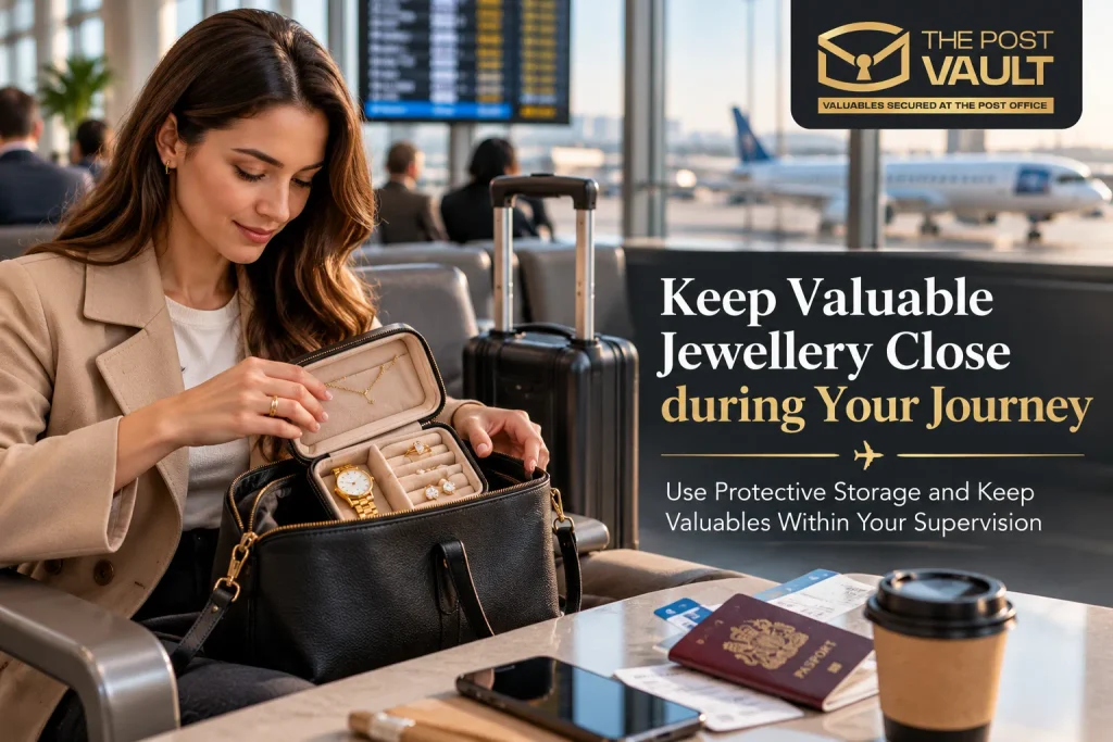 Traveller organising valuable jewellery in a protective case inside hand luggage at an airport, with The Post Vault's jewellery travel safety tips.