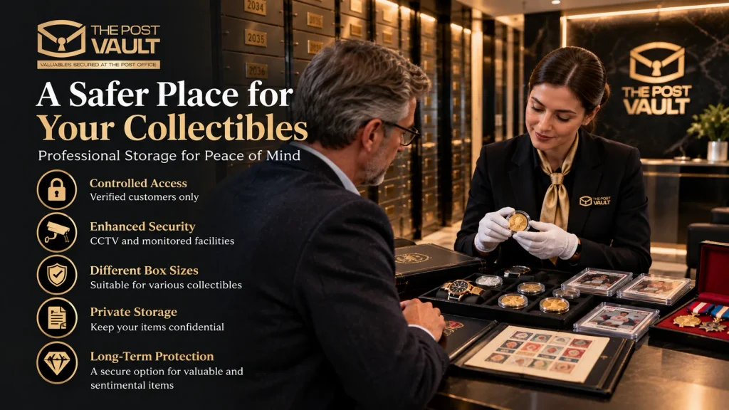 Collector receiving professional assistance at The Post Vault, with rare coins, luxury watches, trading cards, stamps and historic medals, highlighting secure private vault storage for valuable collectibles.