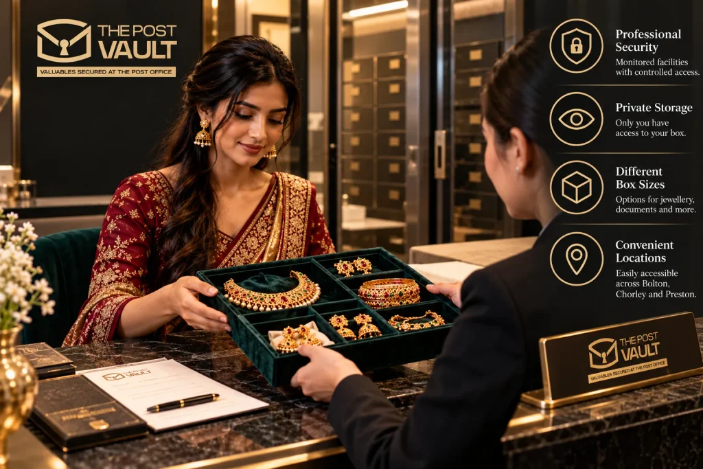 South Asian woman presenting traditional Indian gold jewellery, including necklaces, bangles and jhumkas, at The Post Vault, highlighting private safe deposit box storage, controlled access and secure facilities across Bolton, Chorley and Preston.