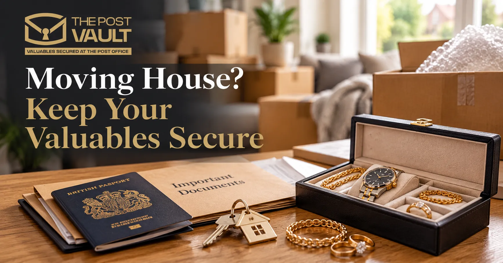Gold jewellery, luxury watch, passport and important documents arranged for secure storage when moving house, with packing boxes in the background.