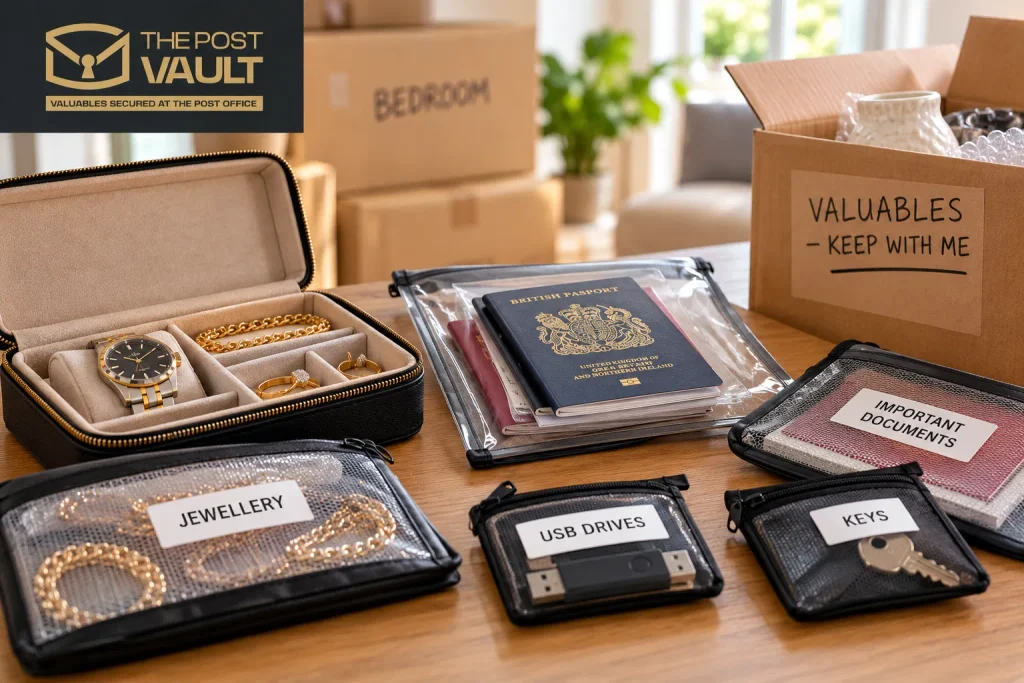 Gold jewellery, watches, passports, important documents and keys organised in protective pouches for safe storage when moving house.