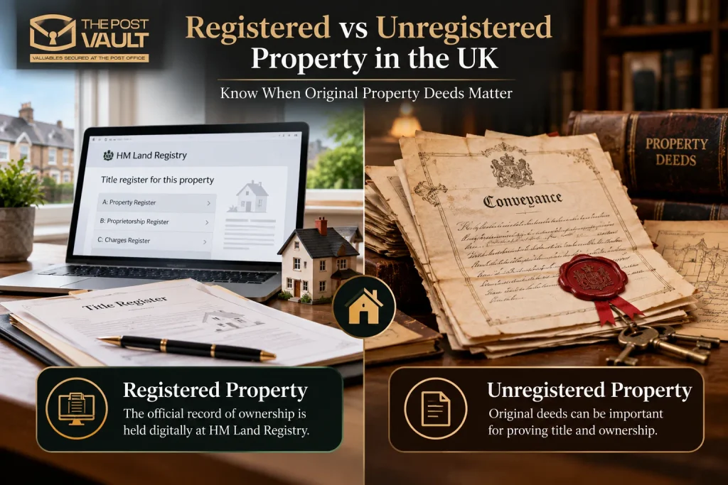 Comparison of registered and unregistered property in the UK, showing a digital HM Land Registry title register alongside original paper property deeds and historic conveyance documents.