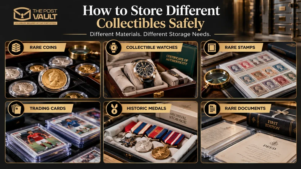 Six types of valuable collectibles stored safely in protective cases, including rare coins, luxury watches, vintage stamps, trading cards, historic medals and rare documents at The Post Vault.