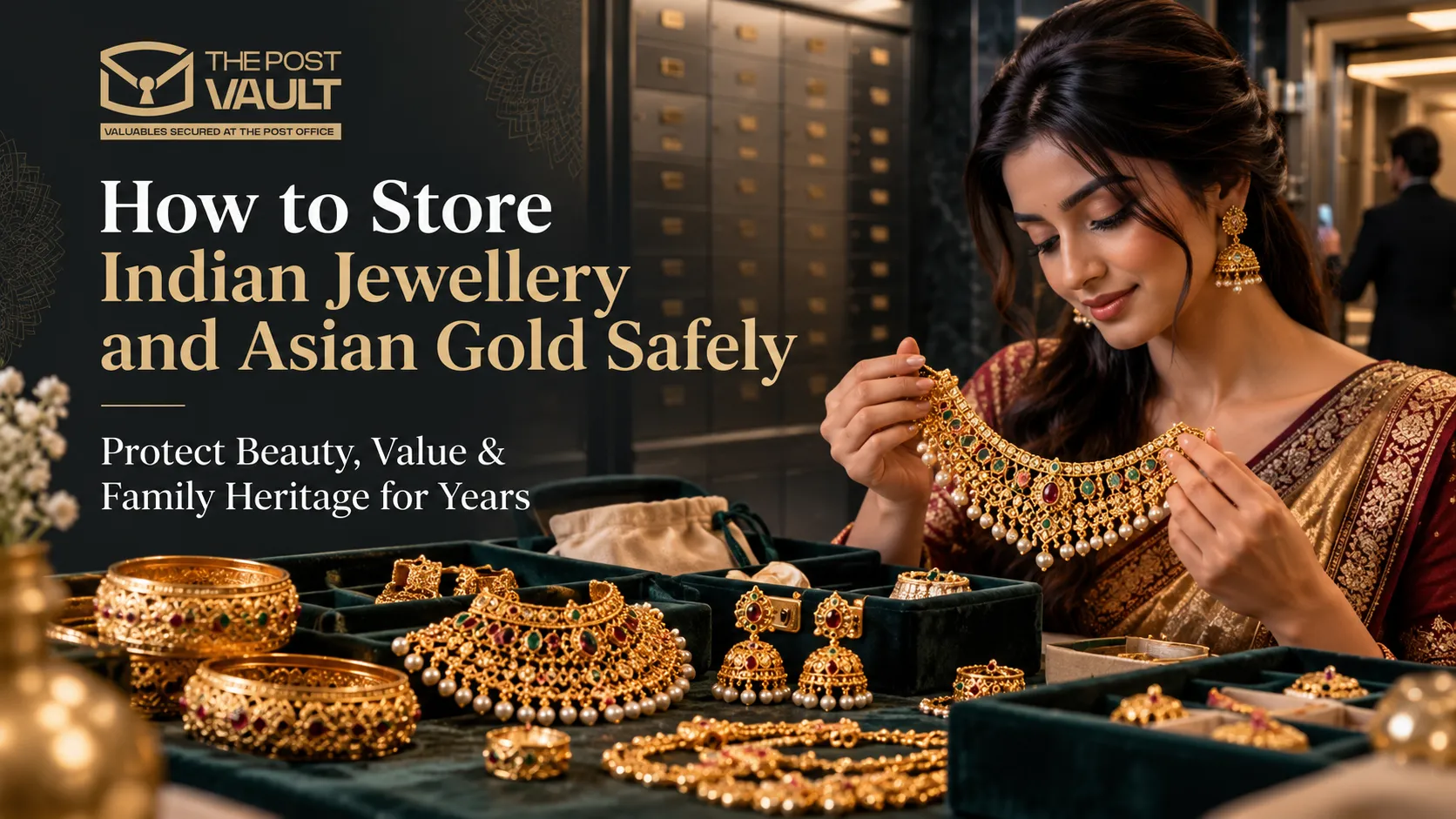 South Asian woman carefully handling traditional Indian gold jewellery, including bridal necklaces, bangles and jhumkas, with secure safe deposit boxes at The Post Vault in the background.