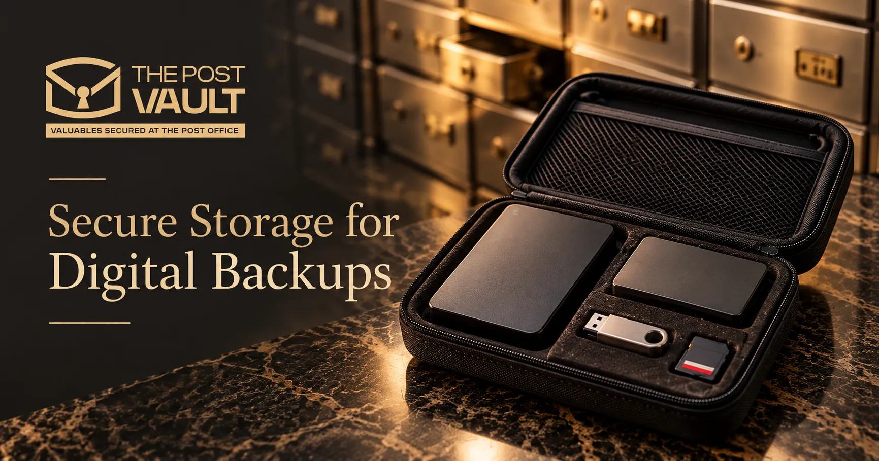 External hard drive, SSD, USB flash drive and memory card organised in a protective case, illustrating secure digital backup storage near safe deposit boxes.
