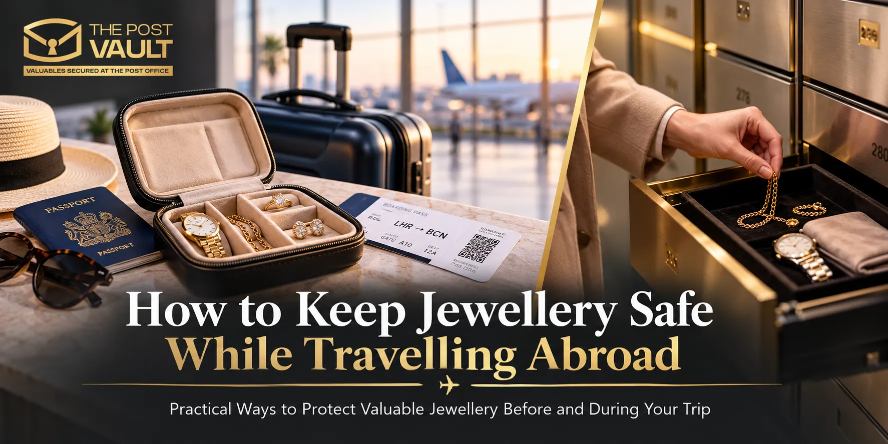 The Post Vault banner showing how to keep jewellery safe while travelling abroad, with a travel jewellery organiser, passport, luggage and secure safe deposit box storage.