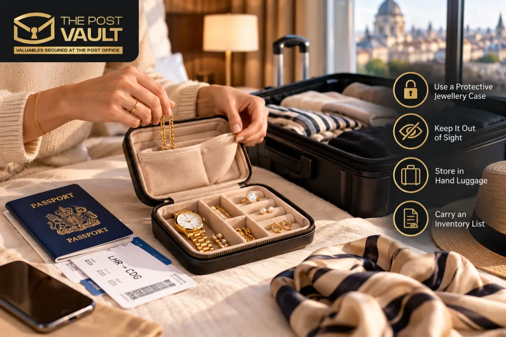 The Post Vault jewellery safety tips showing a traveller organising gold jewellery in a protective case beside luggage, a passport and travel documents in a hotel room.