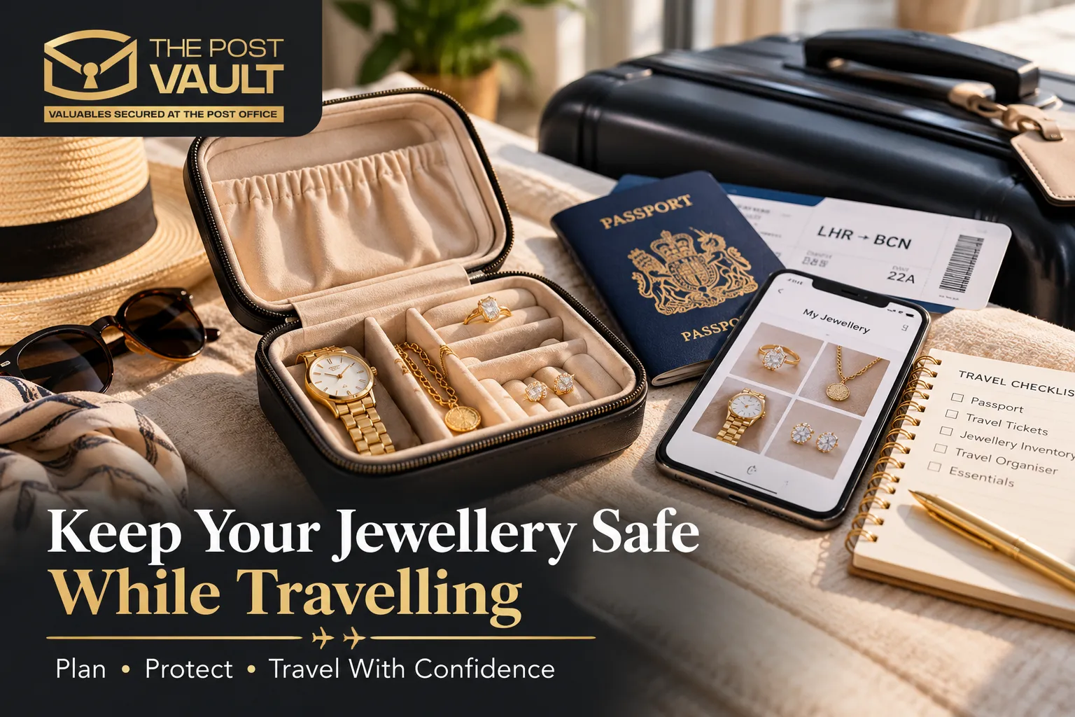 The Post Vault featured image showing a travel jewellery organiser with gold jewellery, passport, luggage, and jewellery inventory checklist for keeping jewellery safe while travelling abroad.