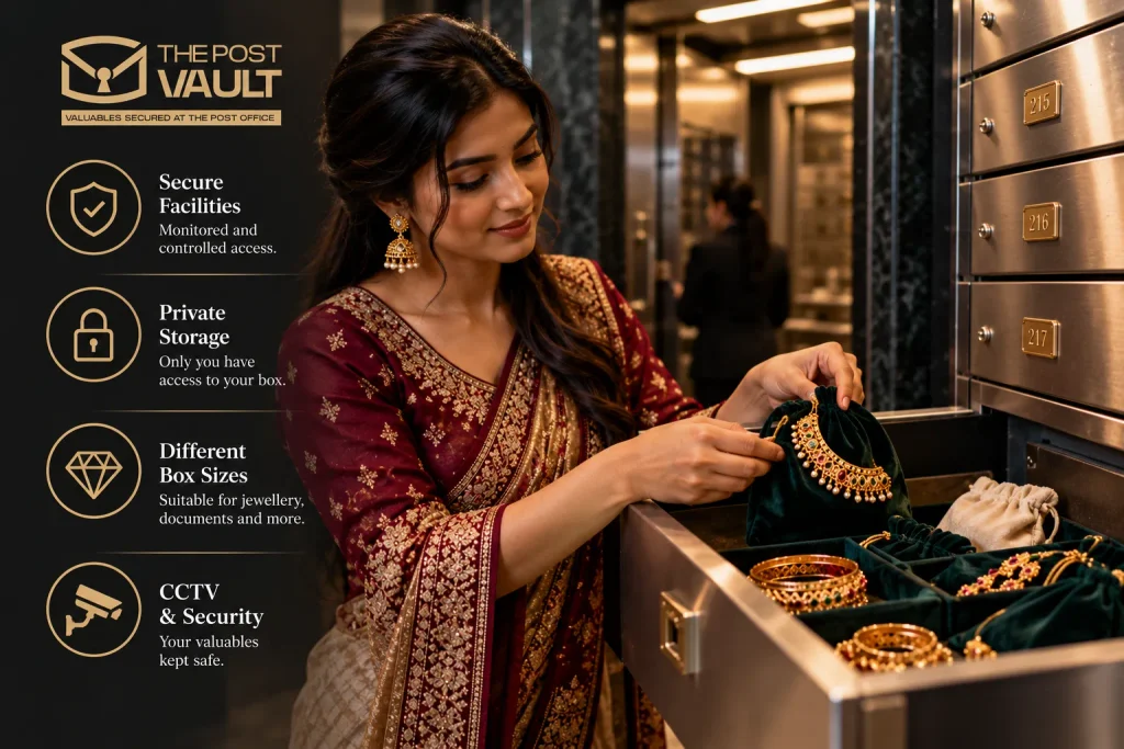 South Asian woman storing Indian gold jewellery, including necklaces and bangles, in a private safe deposit box at The Post Vault, highlighting secure facilities, controlled access, CCTV security and private storage.