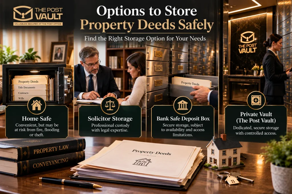 Four options for storing property deeds safely in the UK, comparing home safes, solicitor storage, bank safe deposit boxes and secure private vault storage at The Post Vault.