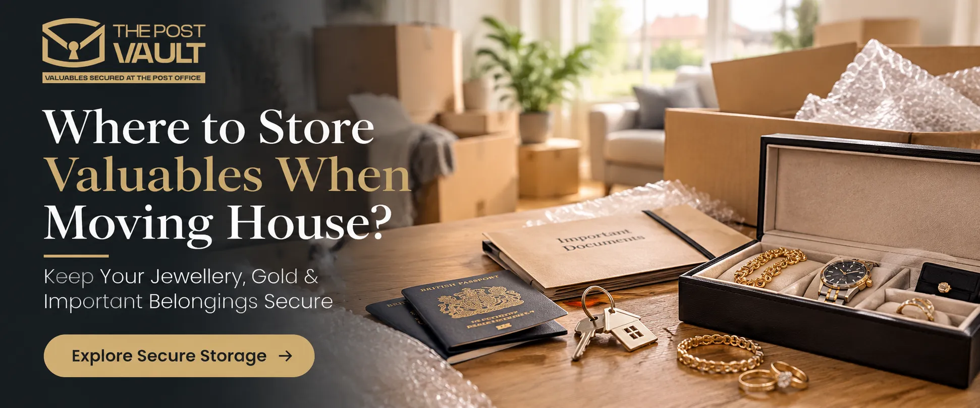 Jewellery, gold, watches and important documents kept separate from moving boxes for secure storage when moving house.