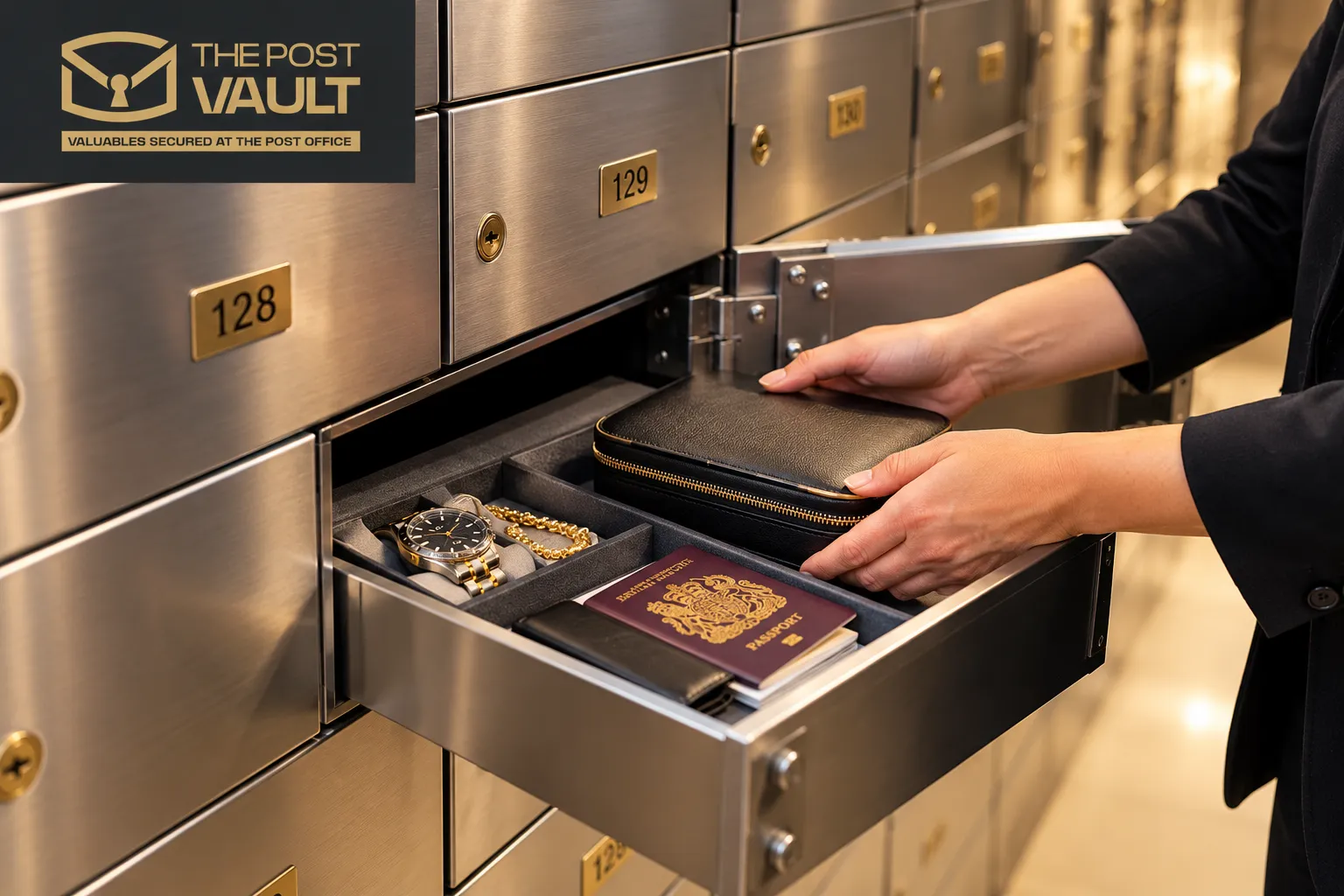 Person placing jewellery, a luxury watch and important documents inside a private safe deposit box for secure storage during a house move.
