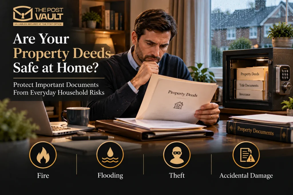 UK homeowner reviewing property deeds beside a home safe containing important documents, highlighting risks of fire, flooding, theft and accidental damage when storing property deeds at home.