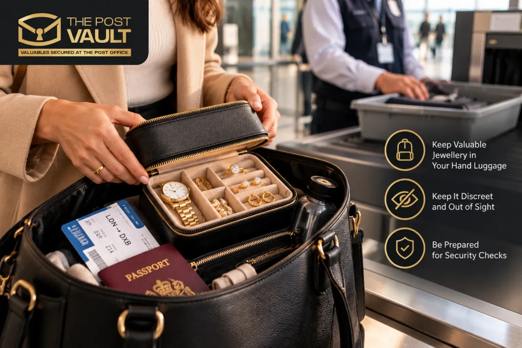 Traveller placing valuable jewellery in a protective case inside hand luggage at an airport security checkpoint, with The Post Vault jewellery travel safety tips.