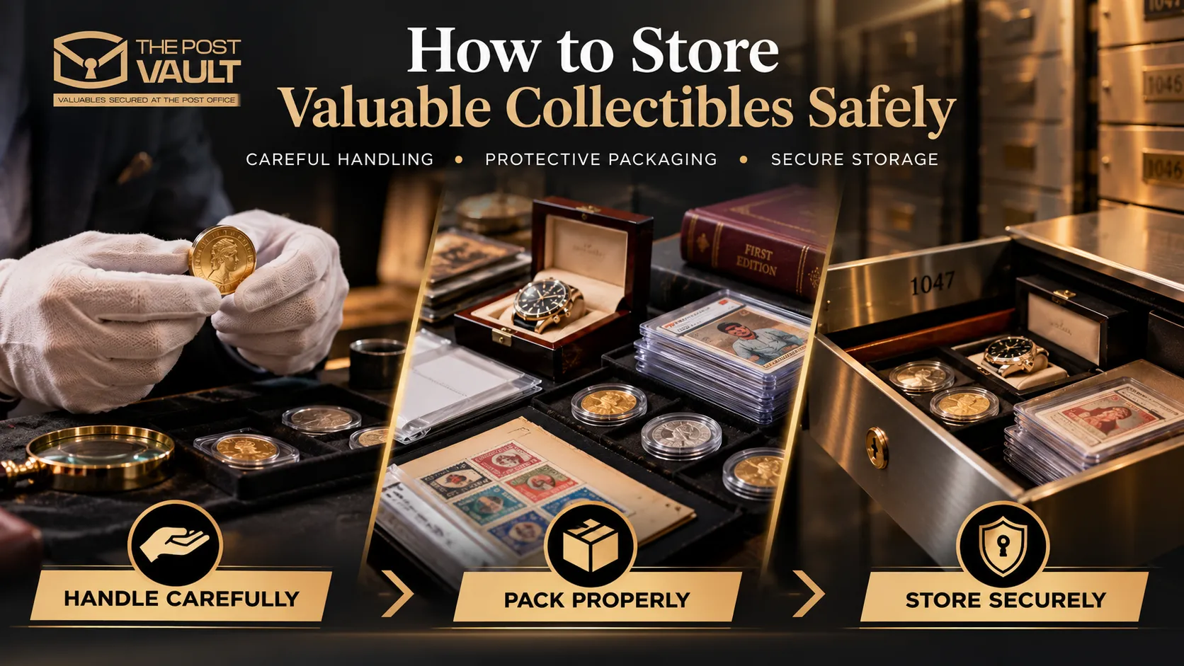 How to store valuable collectibles safely, showing careful handling of rare coins, protective packaging for watches, stamps and trading cards, and secure storage in a private safe deposit box at The Post Vault.