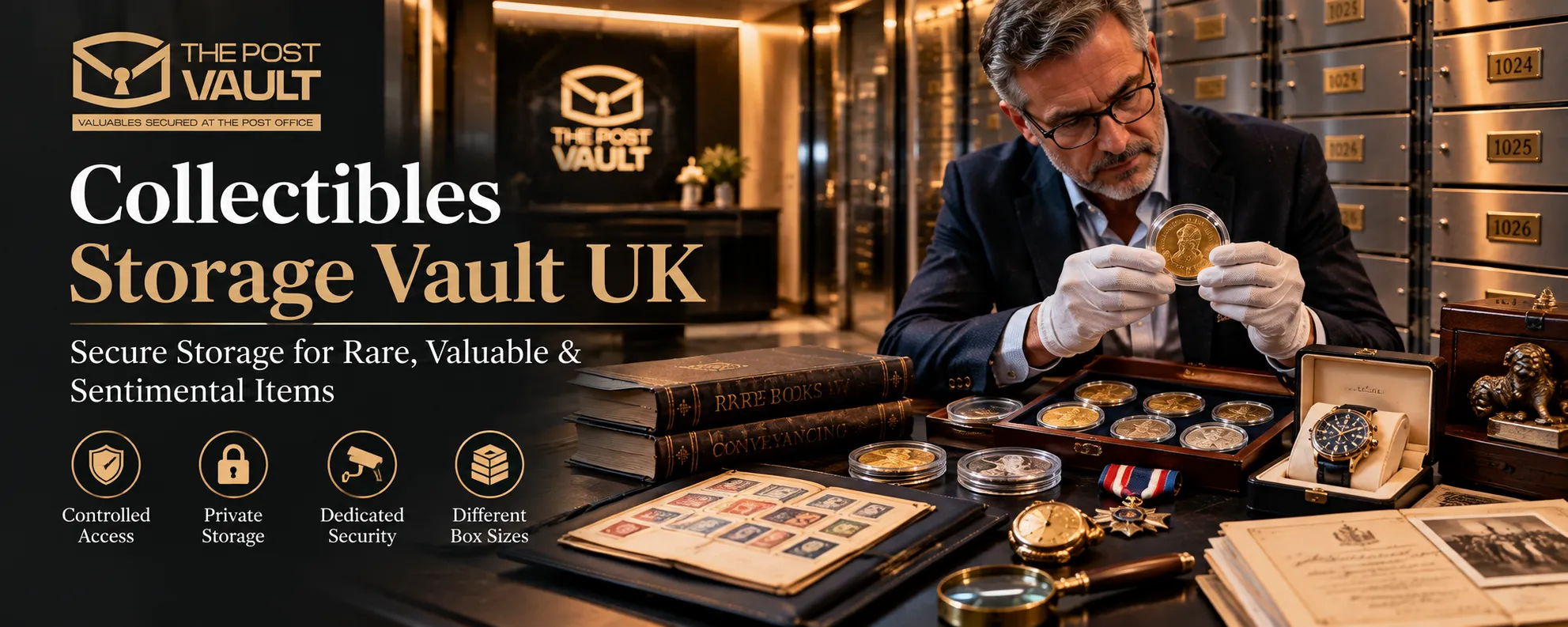 Collector examining a rare gold coin at The Post Vault, surrounded by vintage watches, stamps, medals and valuable memorabilia in a secure collectibles storage vault in the UK.